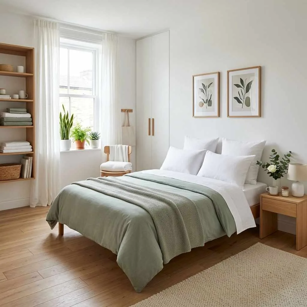 Green and White Scandinavian Style Bedroom