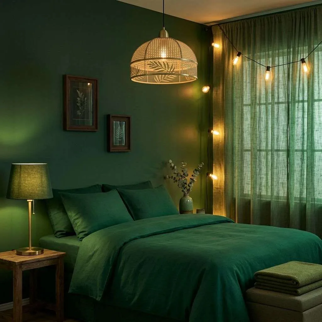 Green Bedroom Lighting for a Moody Ambience