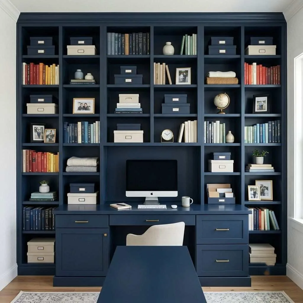 18 Home Office Ideas for Women: Create Your Dream Workspace 9 The Built-In Bookshelf Office Wall