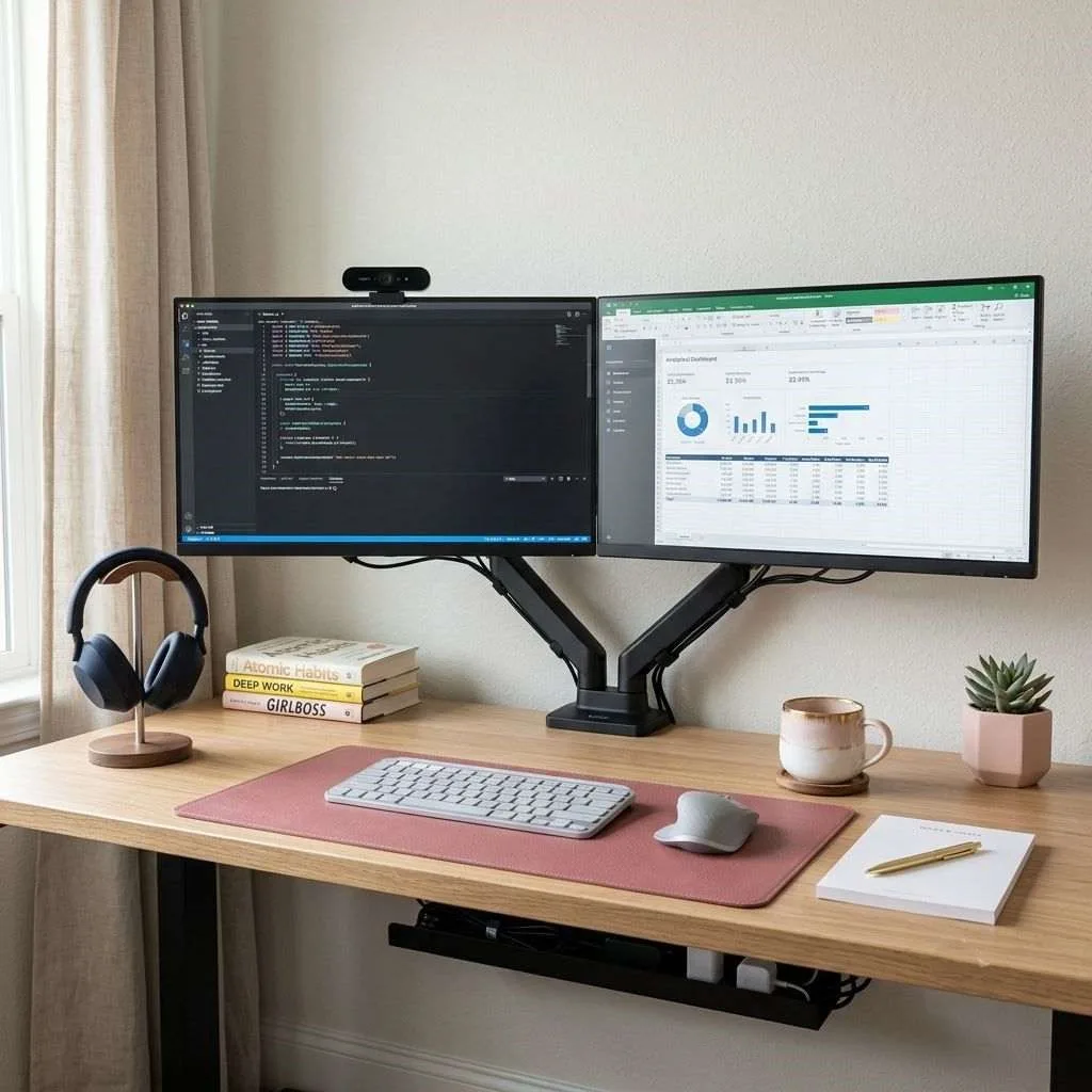18 Home Office Ideas for Women: Create Your Dream Workspace 16 The Tech-Savvy Dual Monitor Setup