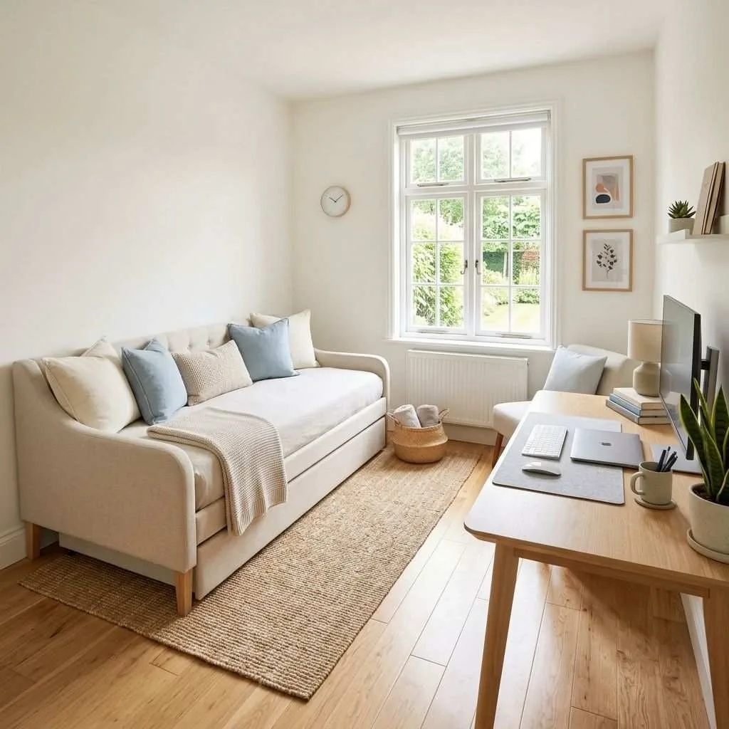 14 Home Office and Guest Room Combo Ideas 4 The Daybed Desk Duo: Casual Comfort Meets Productivity