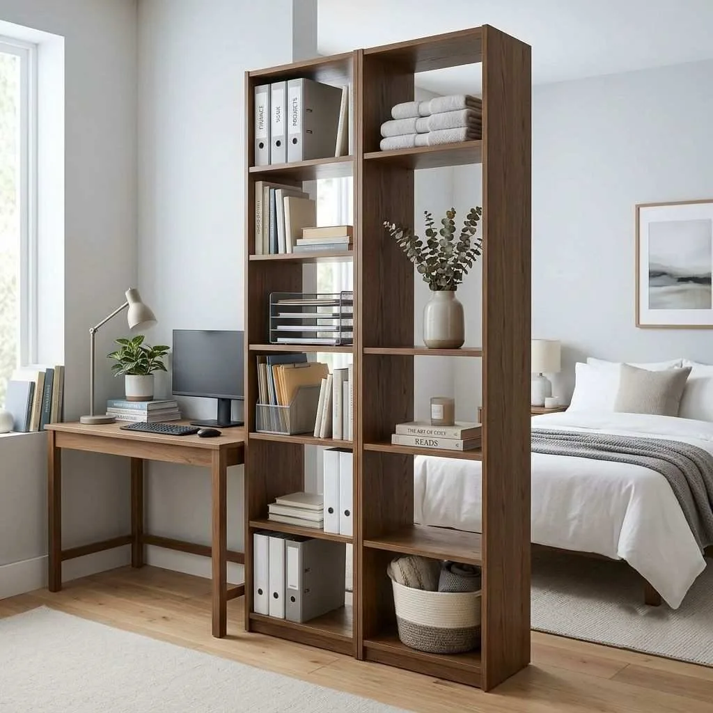 14 Home Office and Guest Room Combo Ideas 3 The Bookshelf Divider: Stylish Separation Without Walls