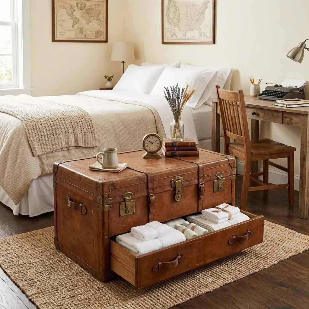 14 Home Office and Guest Room Combo Ideas 13 The Vintage Trunk Coffee Table: Storage Meets Style