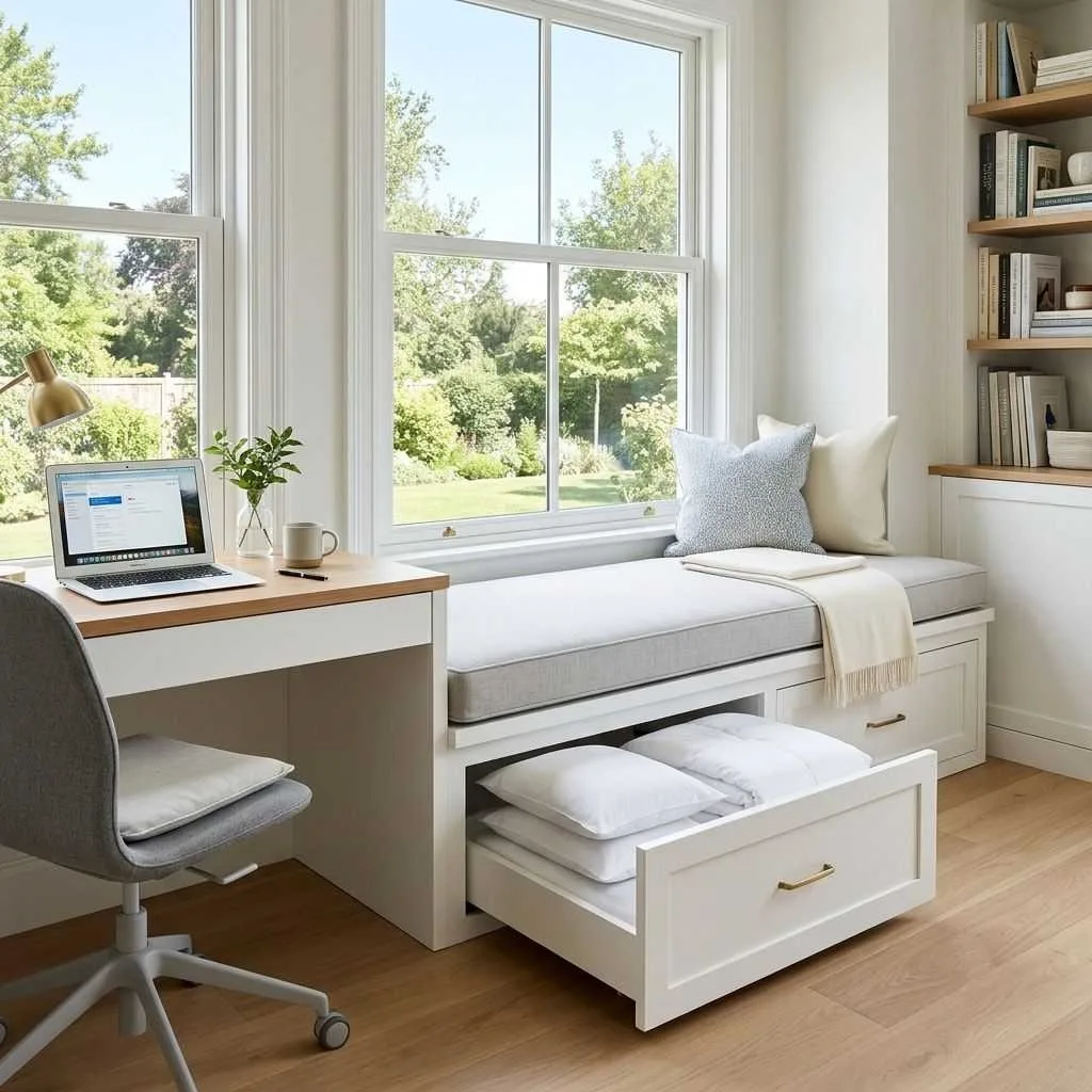 14 Home Office and Guest Room Combo Ideas 11 The Window Seat Office: Natural Light and Hidden Storage