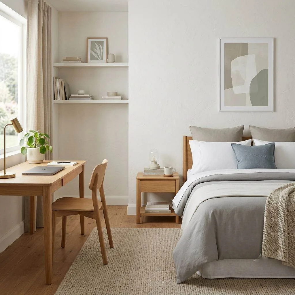 14 Home Office and Guest Room Combo Ideas 8 The Neutral Palette Room: Where Work Meets Rest Harmoniously