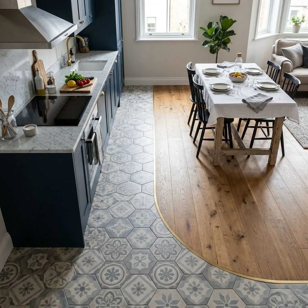 Mixed Material Floors (Wood + Tile Insets)