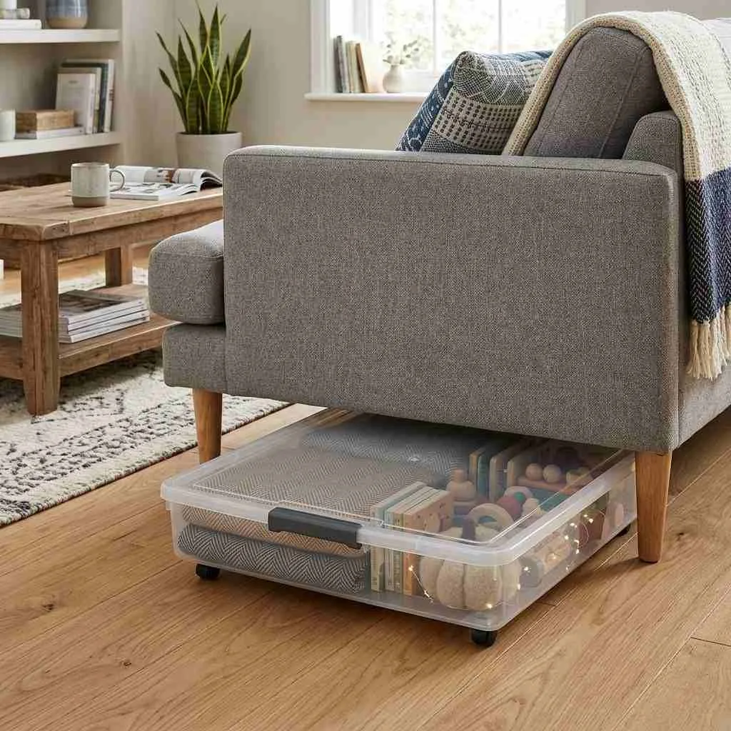 15 Living Room Organization Ideas That Will Transform Your Space 7 Embrace Under-Sofa Storage Bins