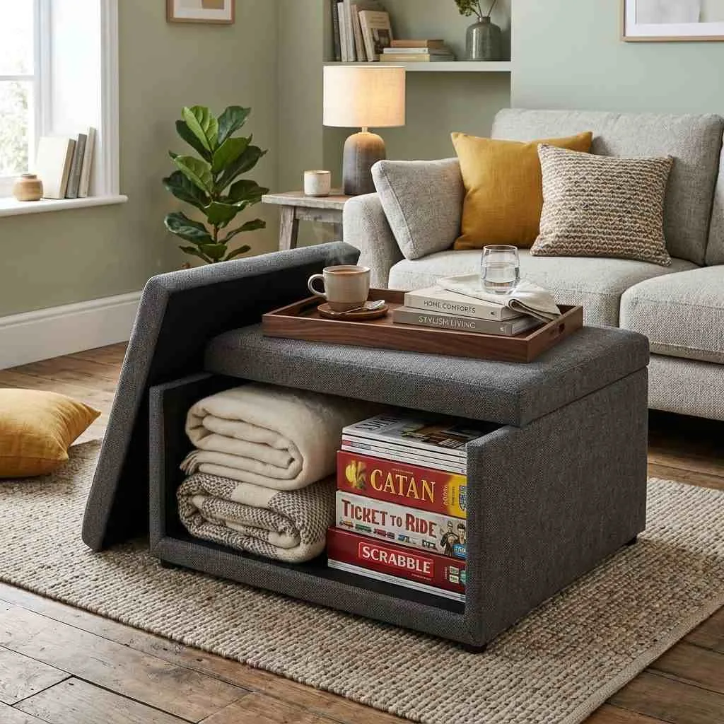 15 Living Room Organization Ideas That Will Transform Your Space 2 Use a Storage Ottoman as Your Secret Weapon