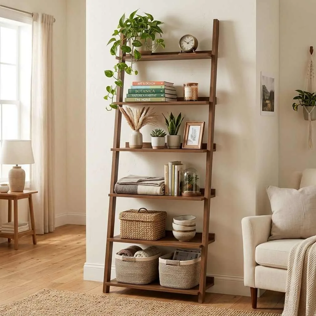 15 Living Room Organization Ideas That Will Transform Your Space 11 Go Vertical With a Tall Ladder Shelf