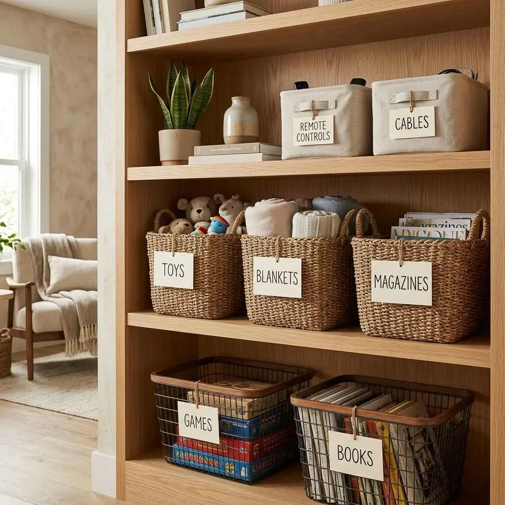 15 Living Room Organization Ideas That Will Transform Your Space 10 Organize With Labeled Baskets and Bins