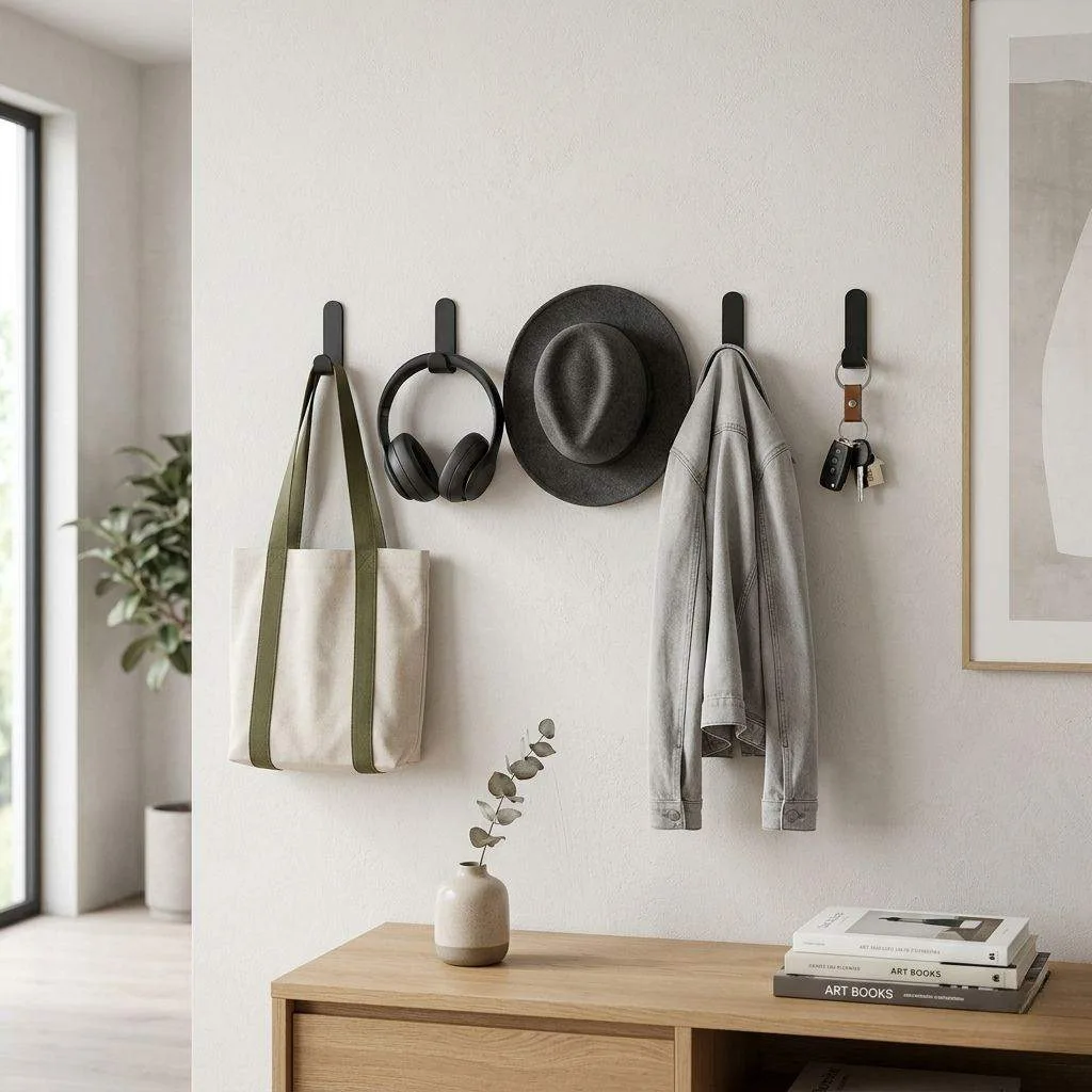 15 Living Room Organization Ideas That Will Transform Your Space 9 Add Wall-Mounted Hooks for Everyday Essentials