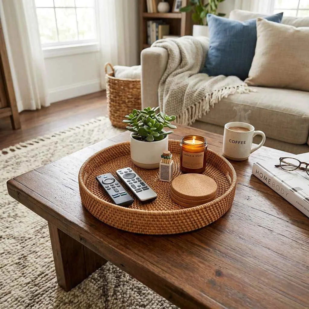 15 Living Room Organization Ideas That Will Transform Your Space 8 Use Trays to Organize Coffee Table Clutter