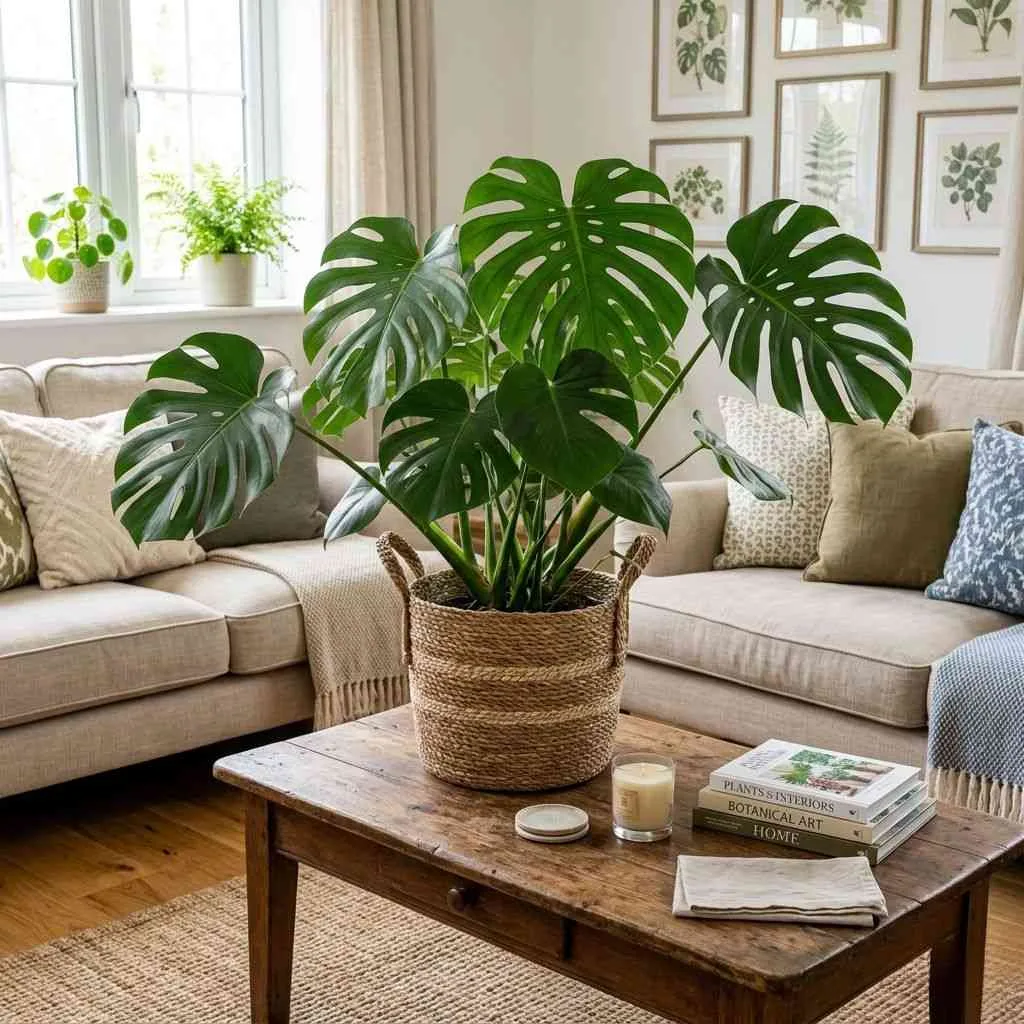 15 Living Room Plants Decor Ideas That'll Transform Your Space 6 Monstera as a Bold Centerpiece