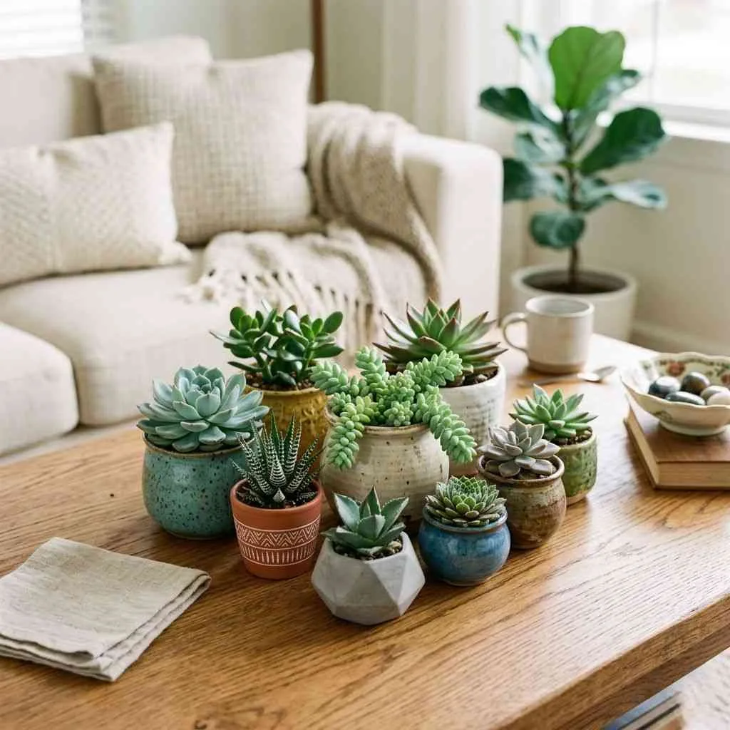 15 Living Room Plants Decor Ideas That'll Transform Your Space 5 Cluster of Succulents on a Coffee Table