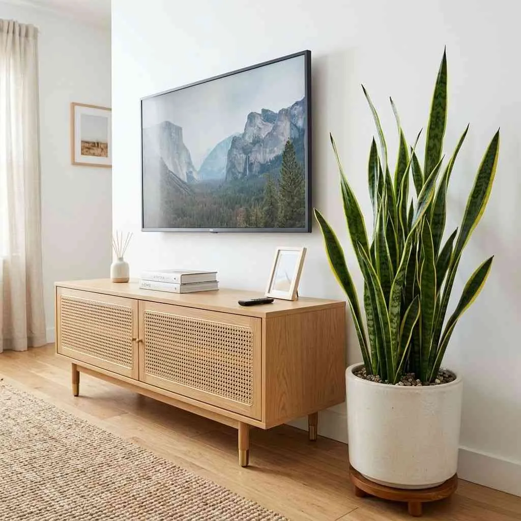 15 Living Room Plants Decor Ideas That'll Transform Your Space 4 Snake Plant by the TV Console