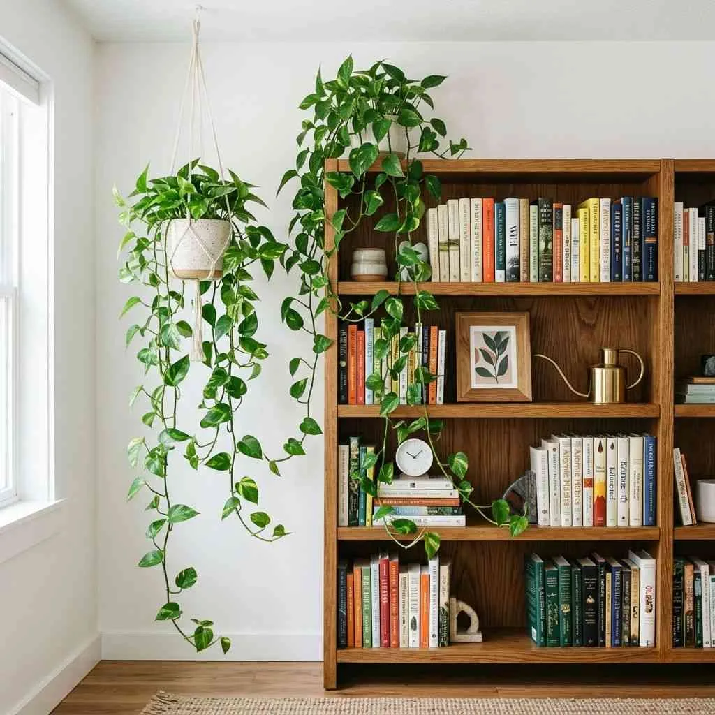 15 Living Room Plants Decor Ideas That'll Transform Your Space 3 Hanging Pothos Near a Bookshelf