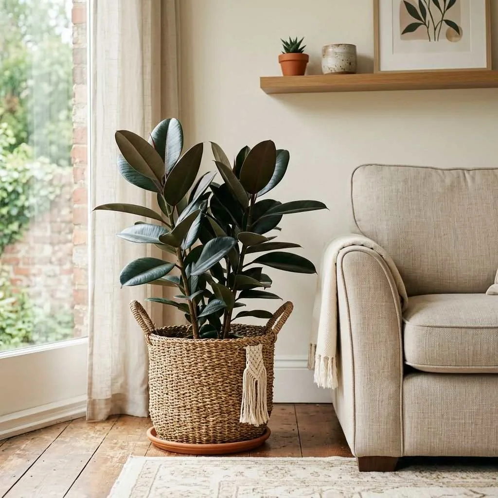 15 Living Room Plants Decor Ideas That'll Transform Your Space 14 Rubber Plant in a Woven Basket