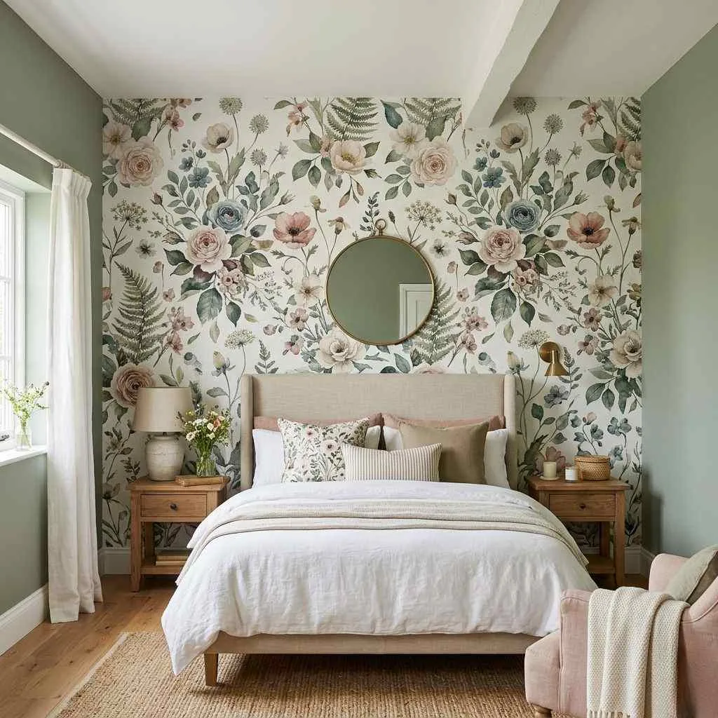 15 Modern Cottage Bedroom Decor Ideas 7 Floral and Botanical Wallpaper Feature Wall