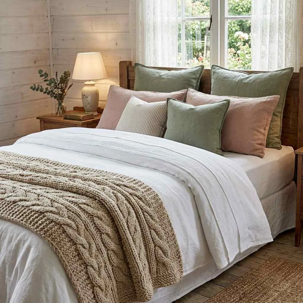 15 Modern Cottage Bedroom Decor Ideas 4 Layered Linen and Cotton Bedding