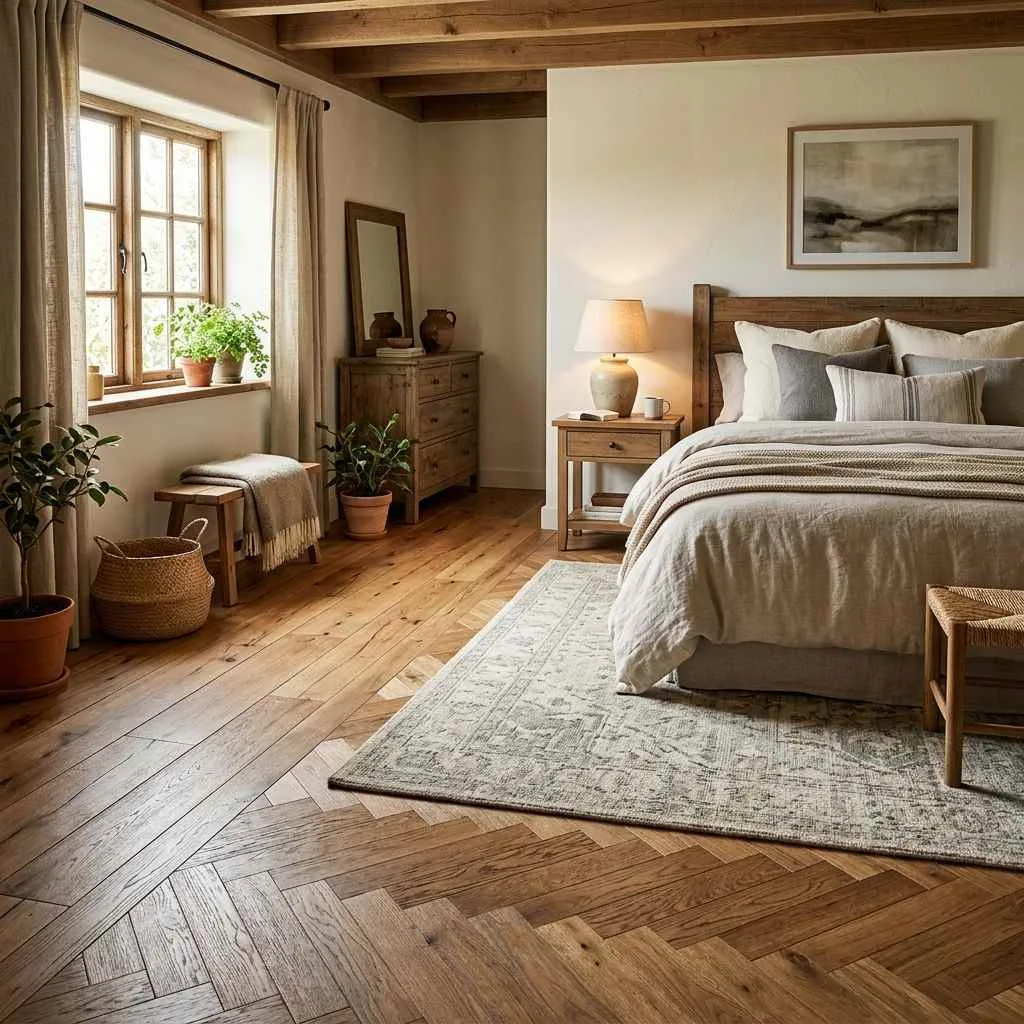 15 Modern Cottage Bedroom Decor Ideas 15 Herringbone or Wide-Plank Wood Flooring