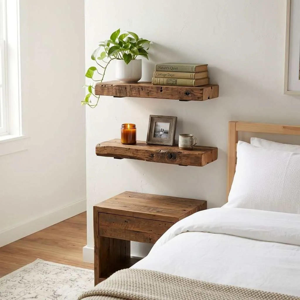 15 Modern Cottage Bedroom Decor Ideas 13 Reclaimed Wood Floating Shelves