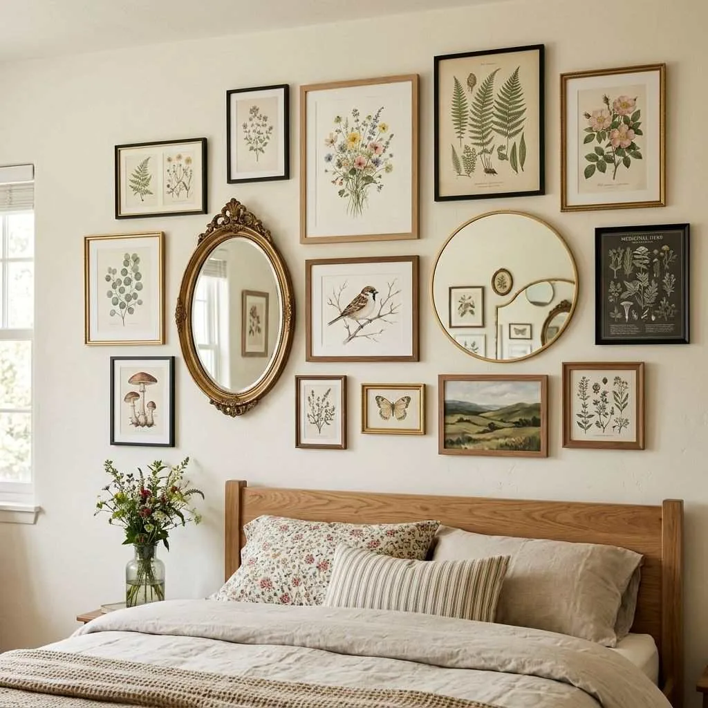 15 Modern Cottage Bedroom Decor Ideas 12 Gallery Wall of Botanical Prints and Mirrors