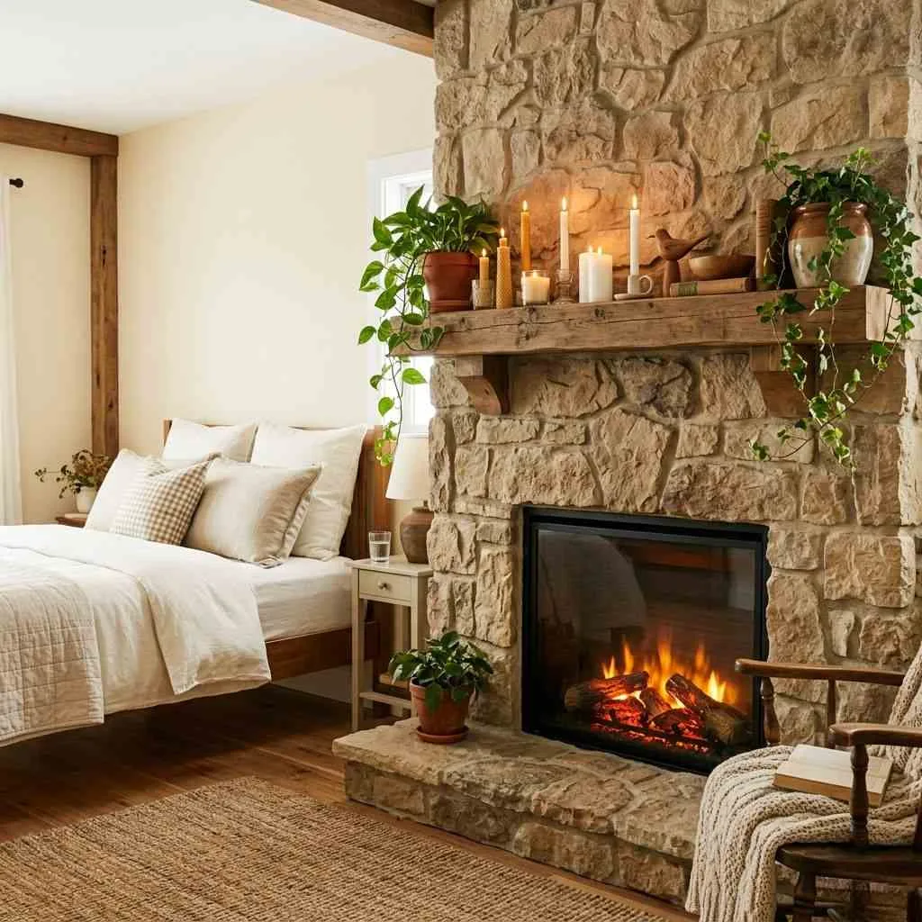 15 Modern Cottage Bedroom Decor Ideas 11 Fireplace With Stone or Brick Surround