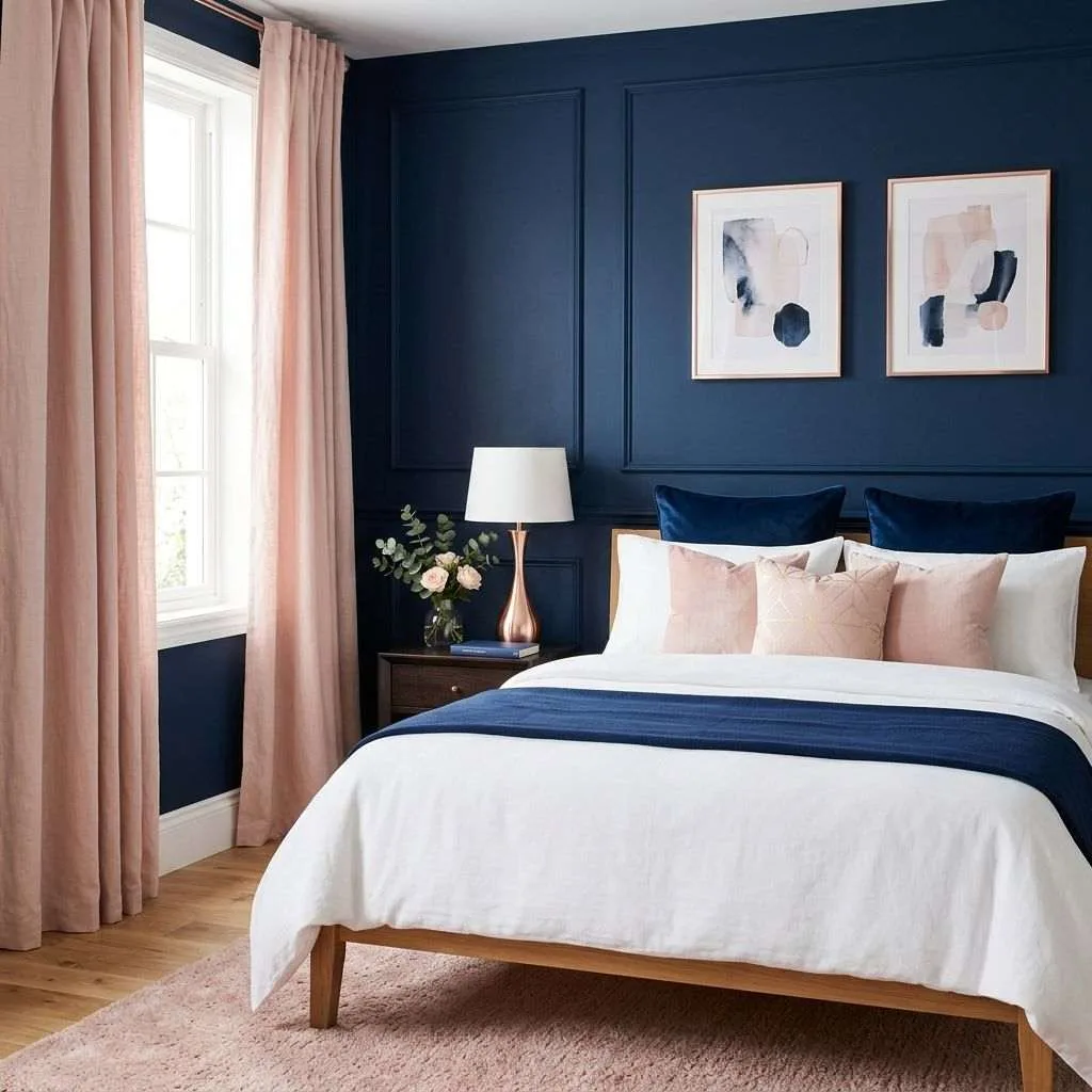 15 Navy Blue Bedroom Ideas That'll Make You Never Want to Leave Your Room 7 Navy Blue and Blush Pink Soft Combo