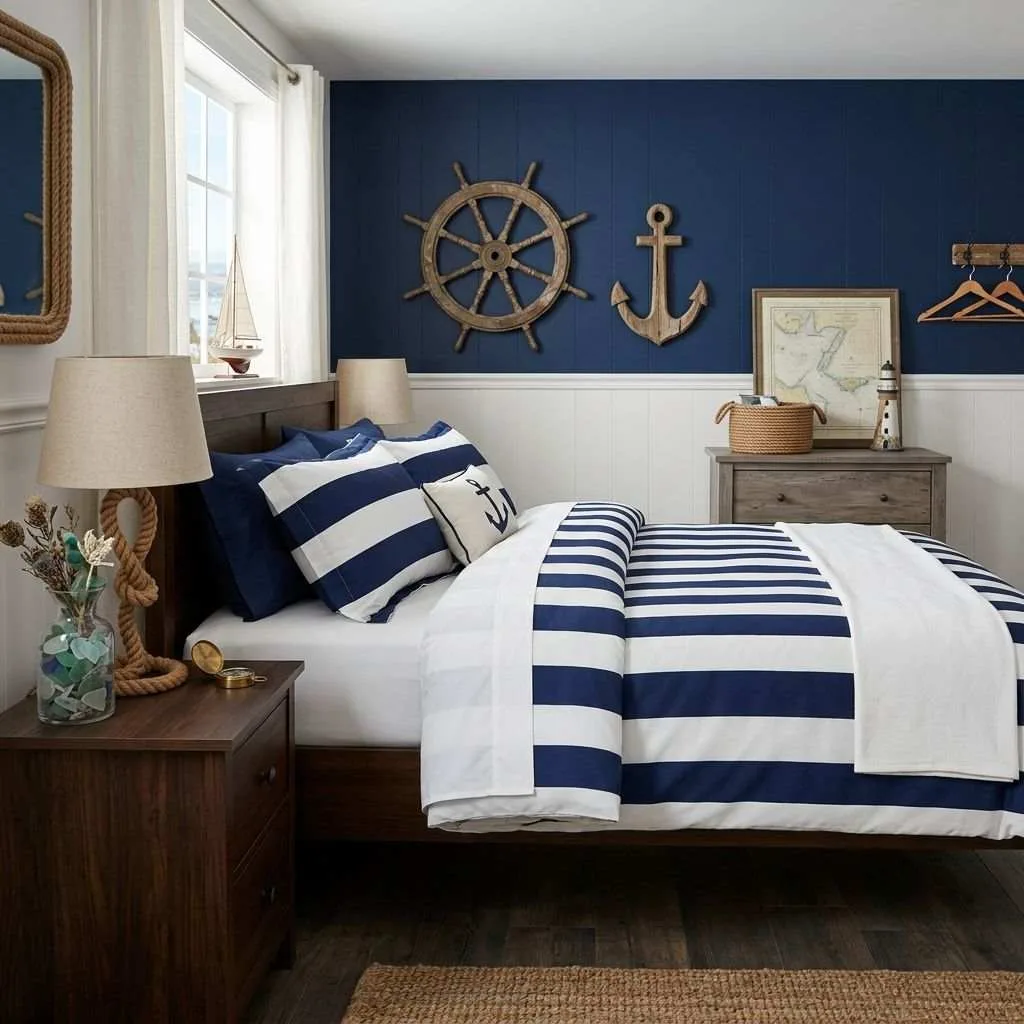 15 Navy Blue Bedroom Ideas That'll Make You Never Want to Leave Your Room 4 Nautical-Themed Navy Blue Retreat
