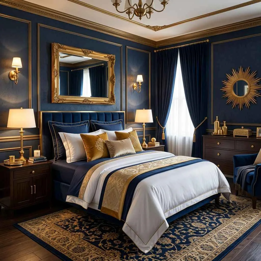 15 Navy Blue Bedroom Ideas That'll Make You Never Want to Leave Your Room 3 Navy Blue and Gold Luxury Bedroom