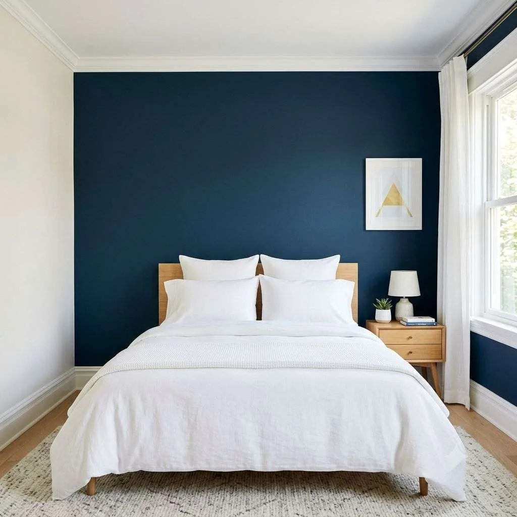 15 Navy Blue Bedroom Ideas That'll Make You Never Want to Leave Your Room 2 Navy Blue Accent Wall With White Trim