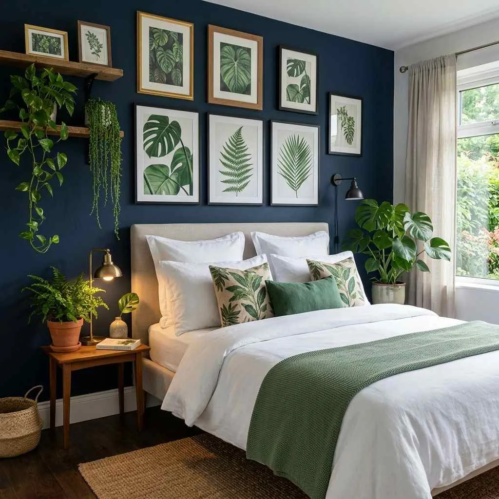 15 Navy Blue Bedroom Ideas That'll Make You Never Want to Leave Your Room 15 Navy Blue Bedroom With Botanical Prints