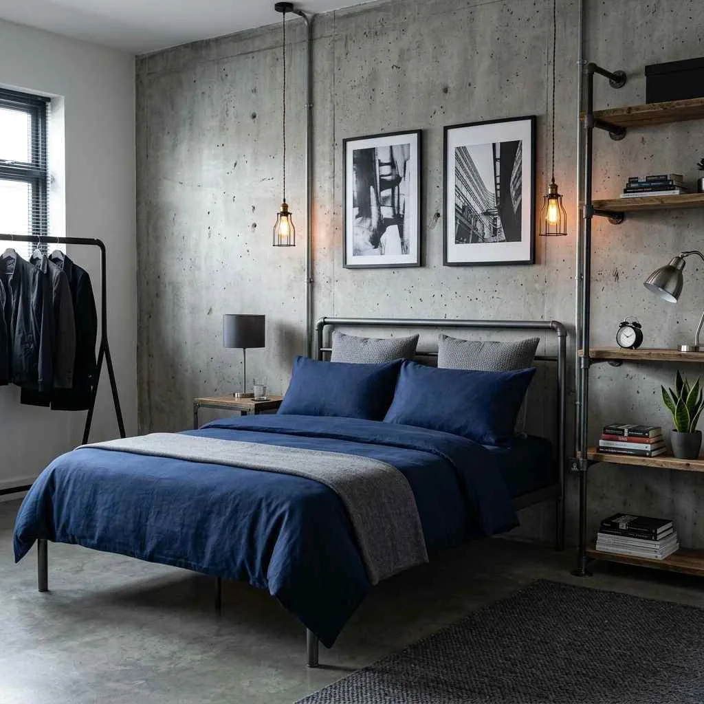 15 Navy Blue Bedroom Ideas That'll Make You Never Want to Leave Your Room 14 Navy Blue and Grey Industrial Bedroom