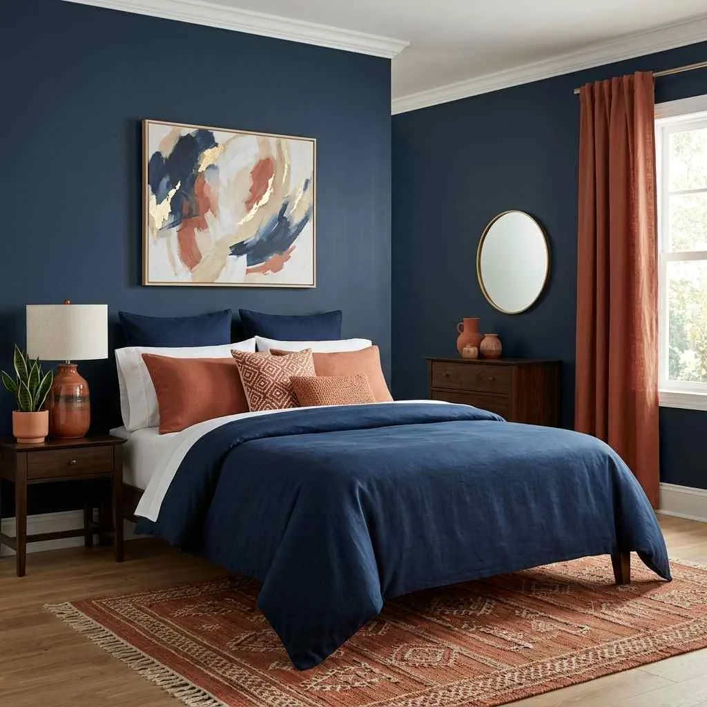 15 Navy Blue Bedroom Ideas That'll Make You Never Want to Leave Your Room 13 Navy Blue Bedroom With Pops of Terracotta