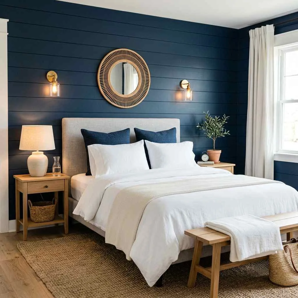 15 Navy Blue Bedroom Ideas That'll Make You Never Want to Leave Your Room 12 Navy Blue Bedroom With Shiplap Walls