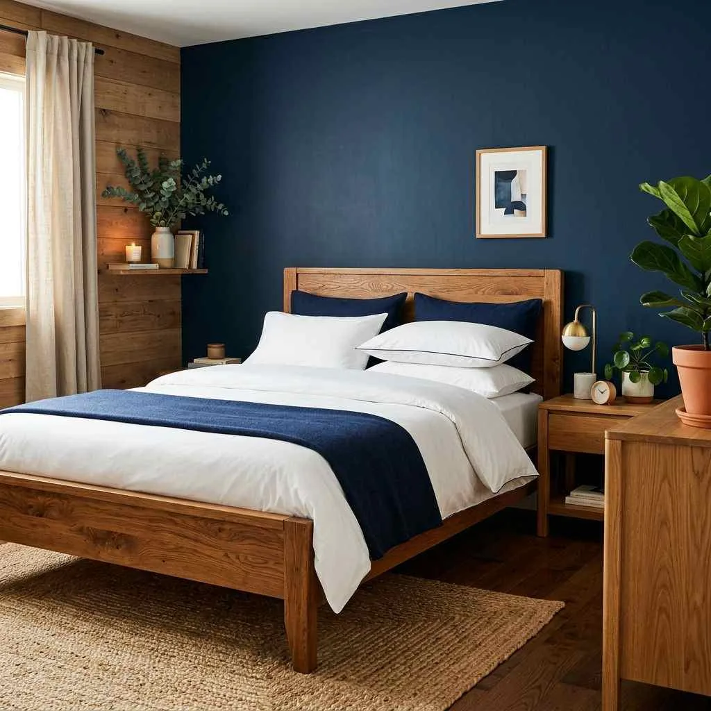 15 Navy Blue Bedroom Ideas That'll Make You Never Want to Leave Your Room 10 Navy Blue With Natural Wood Warmth