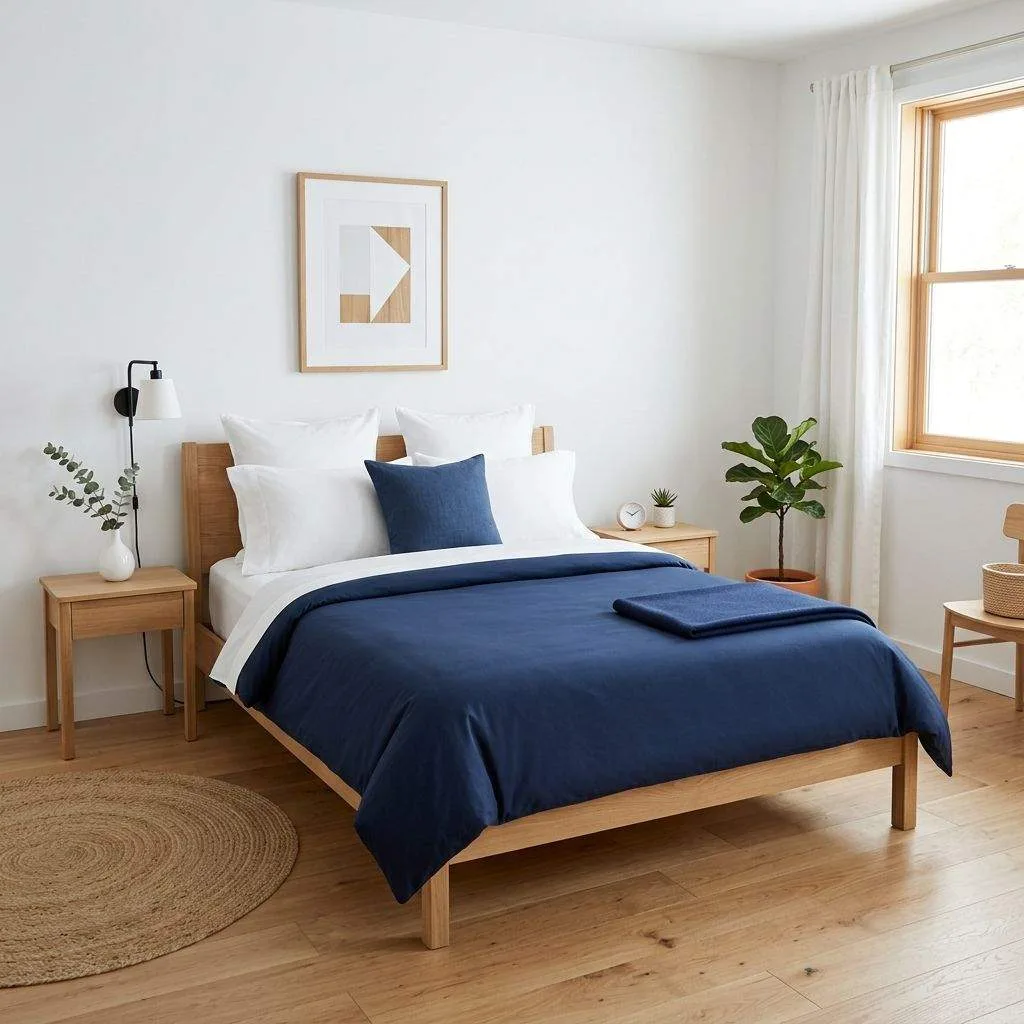 15 Navy Blue Bedroom Ideas That'll Make You Never Want to Leave Your Room 8 Minimalist Navy Blue Scandinavian Bedroom