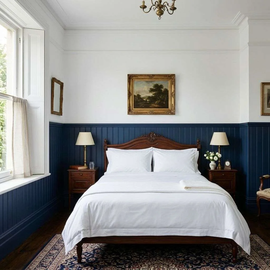 15 Navy Blue Bedroom Ideas That'll Make You Never Want to Leave Your Room 16 15. Two-Tone Navy and White Panelled Walls
