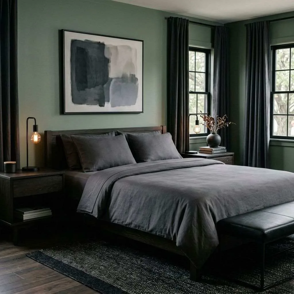 Sage Green Bedroom with Dark, Moody Accents
