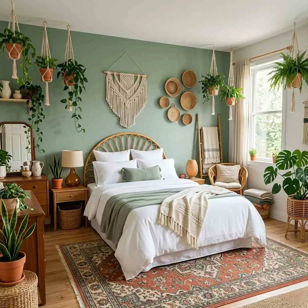 Sage Green Boho Bedroom with Rattan and Macramé