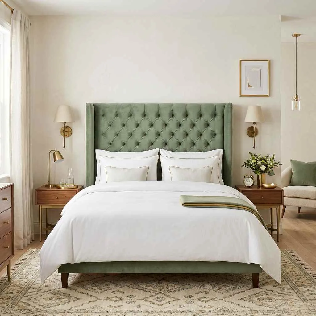 Sage Green Velvet Headboard as the Star of the Room