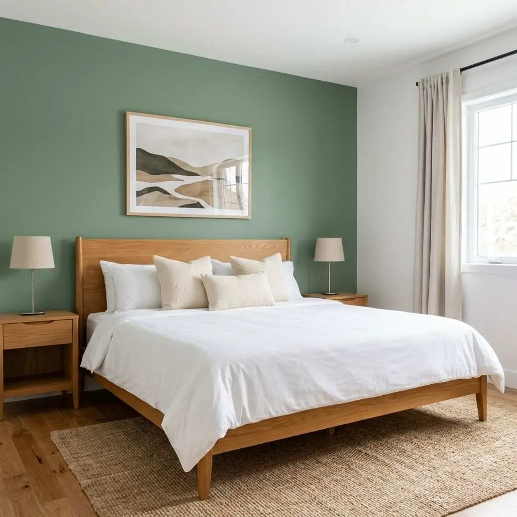 Sage Green Accent Wall with Warm Wood Tones