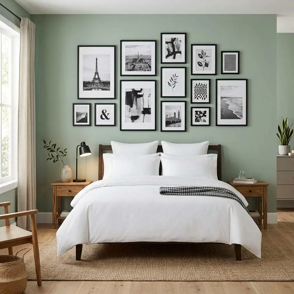 Sage Green Bedroom with Black and White Gallery Wall