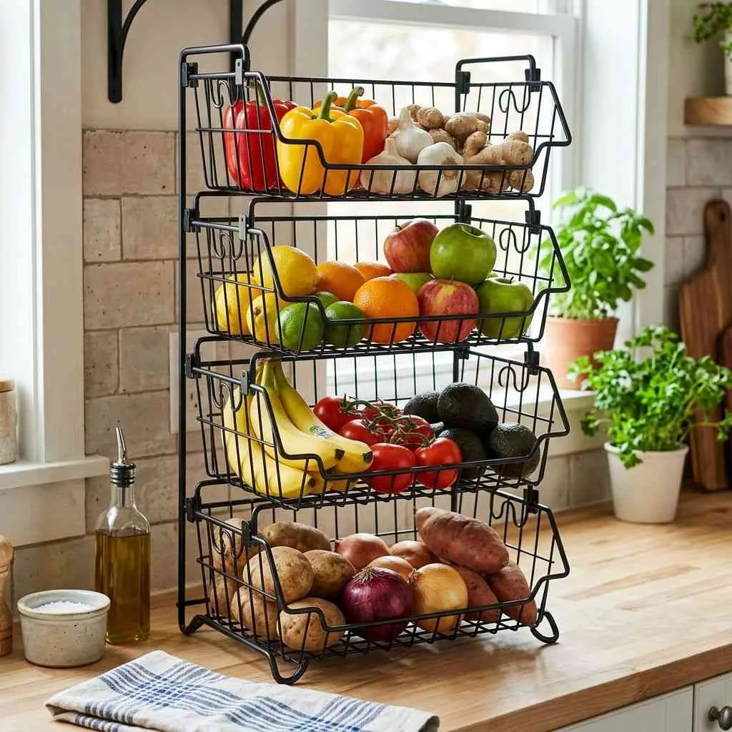 15 Small Kitchen Ideas for Apartments 14 Use a Tiered Fruit and Vegetable Stand
