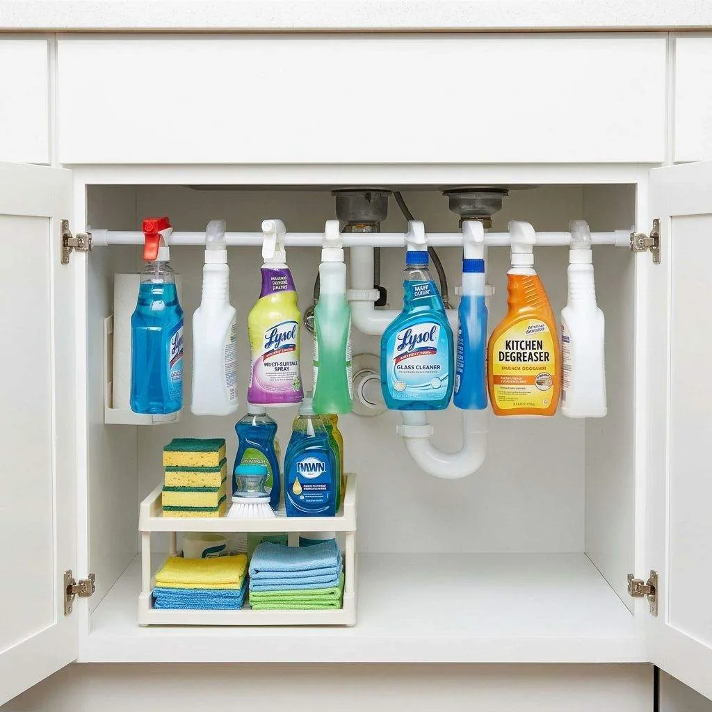 15 Small Kitchen Ideas for Apartments 13 Add a Tension Rod Under the Sink