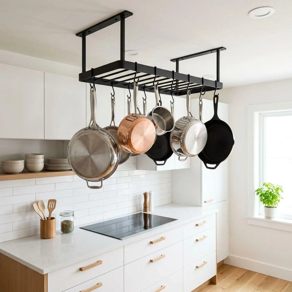 15 Small Kitchen Ideas for Apartments 11 Hang Pots and Pans from the Ceiling