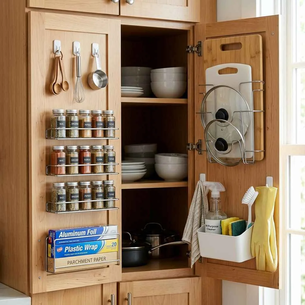 15 Small Kitchen Ideas for Apartments 8 Use the Inside of Cabinet Doors