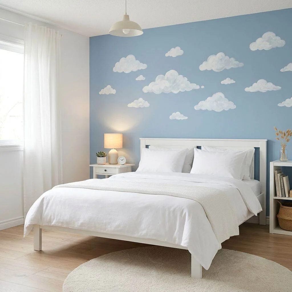 15 Stunning Soft Blue Bedroom Decor Ideas 16 Soft Blue Nursery-Inspired Bedroom With Cloud Wall Art