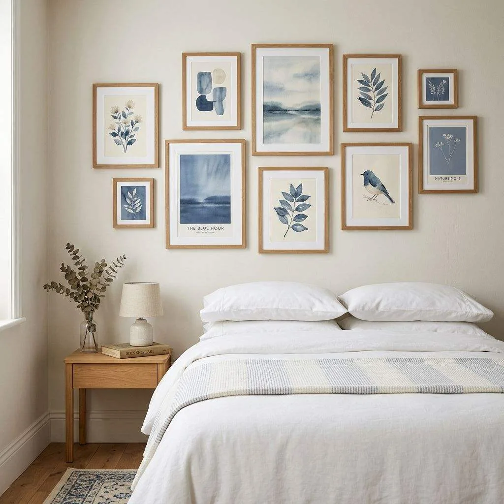 15 Stunning Soft Blue Bedroom Decor Ideas 7 Muted Blue Gallery Wall With Natural Wood Frames
