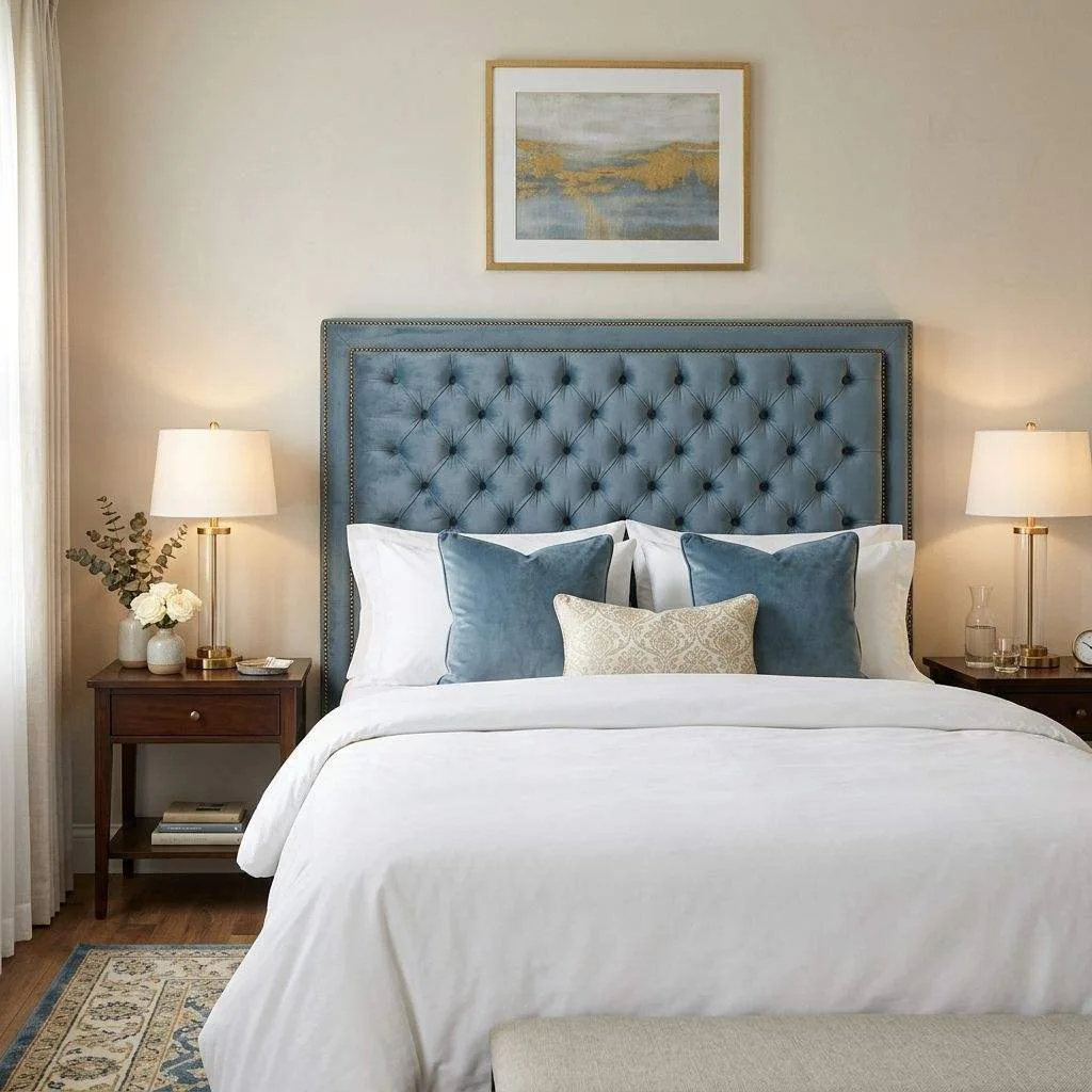 15 Stunning Soft Blue Bedroom Decor Ideas 4 Dusty Blue Velvet Headboard as a Luxurious Focal Point